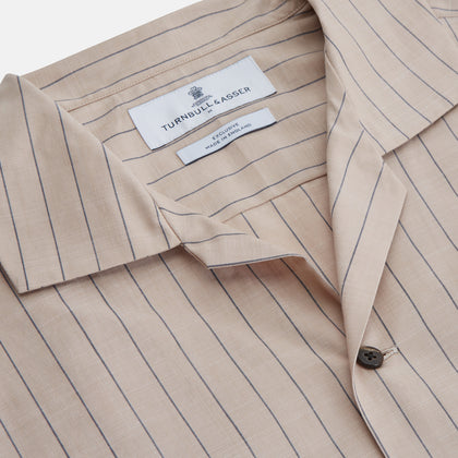 Beige Stripe Cotton Holiday Fit Shirt with Revere Collar & Single Button Cuff Image 3