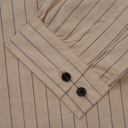 Beige Stripe Cotton Holiday Fit Shirt with Revere Collar & Single Button Cuff Image 4