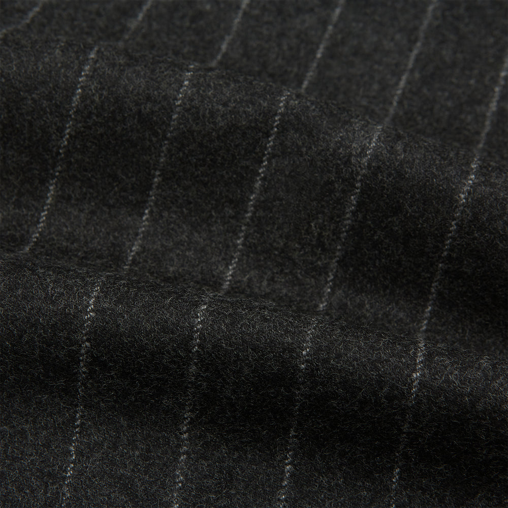 The Charcoal Pinstripe Henry Trousers by Turnbull & Asser feature white vertical stripes, a button and zip closure, belt loops, and side pockets, shown against a plain white background.
