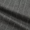 View 6 of product The Turnbull & Asser Grey Pinstripe Henry Trousers feature a tailored fit, white vertical stripes, button closure, and belt loops, displayed on a plain white background.