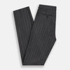 View 5 of product The Charcoal Pinstripe Henry Trousers by Turnbull & Asser feature white vertical stripes, a button and zip closure, belt loops, and side pockets, shown against a plain white background.