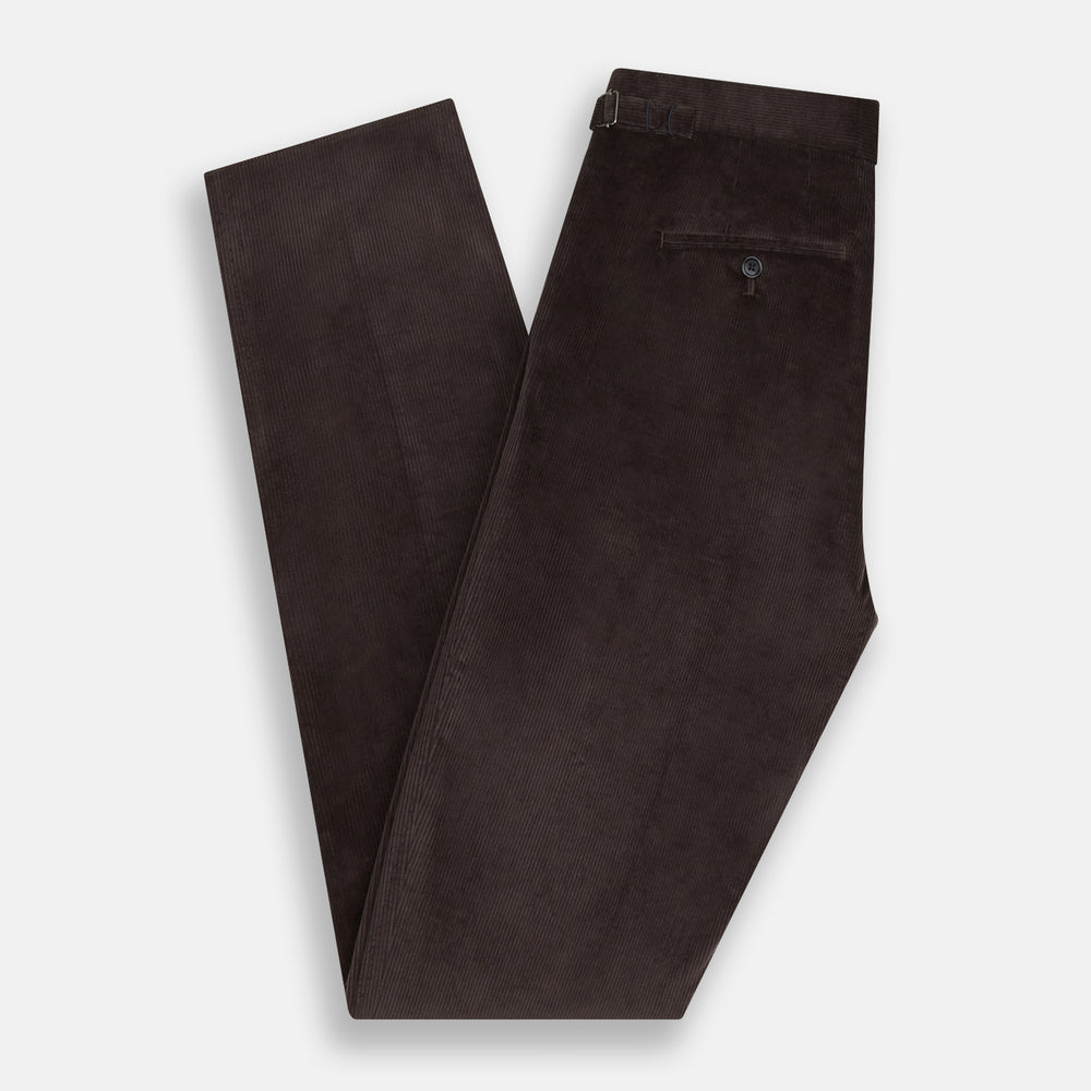 The Brown Corduroy Henry Trousers by Turnbull & Asser feature a slim, tailored fit with side adjusters and button closure, shown on a plain white background.
