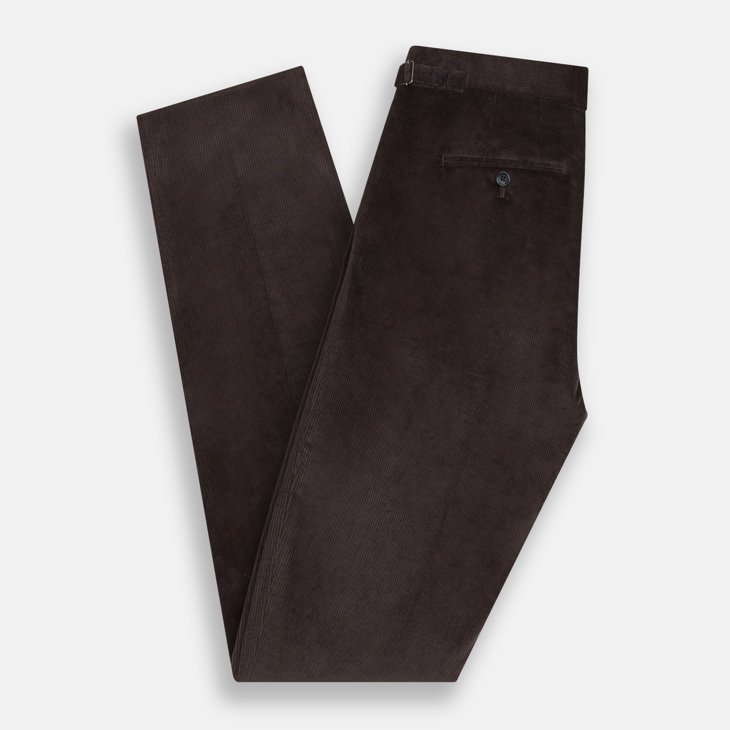 View 5 of product The Brown Corduroy Henry Trousers by Turnbull & Asser feature a slim, tailored fit with side adjusters and button closure, shown on a plain white background.