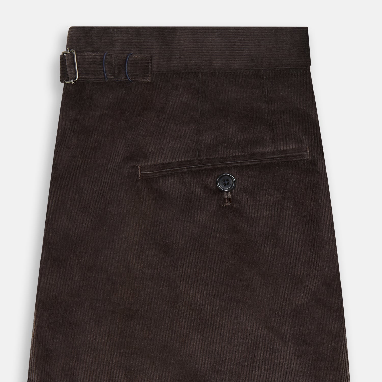 View 4 of product The Brown Corduroy Henry Trousers by Turnbull & Asser feature a slim, tailored fit with side adjusters and button closure, shown on a plain white background.