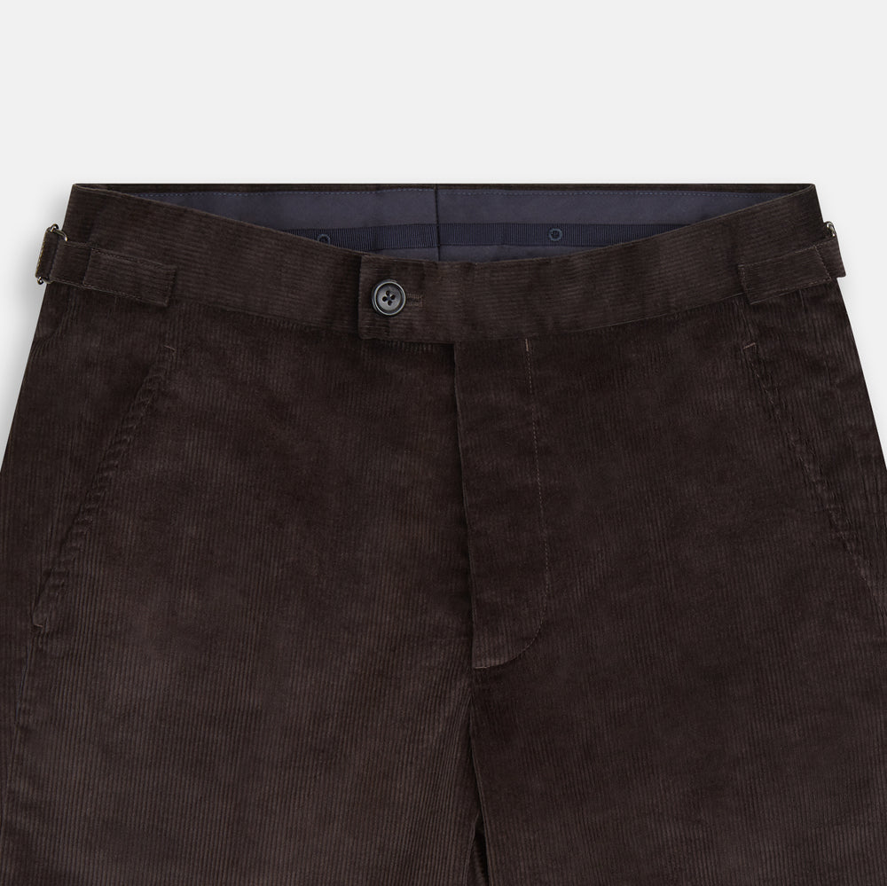 The Brown Corduroy Henry Trousers by Turnbull & Asser feature a slim, tailored fit with side adjusters and button closure, shown on a plain white background.