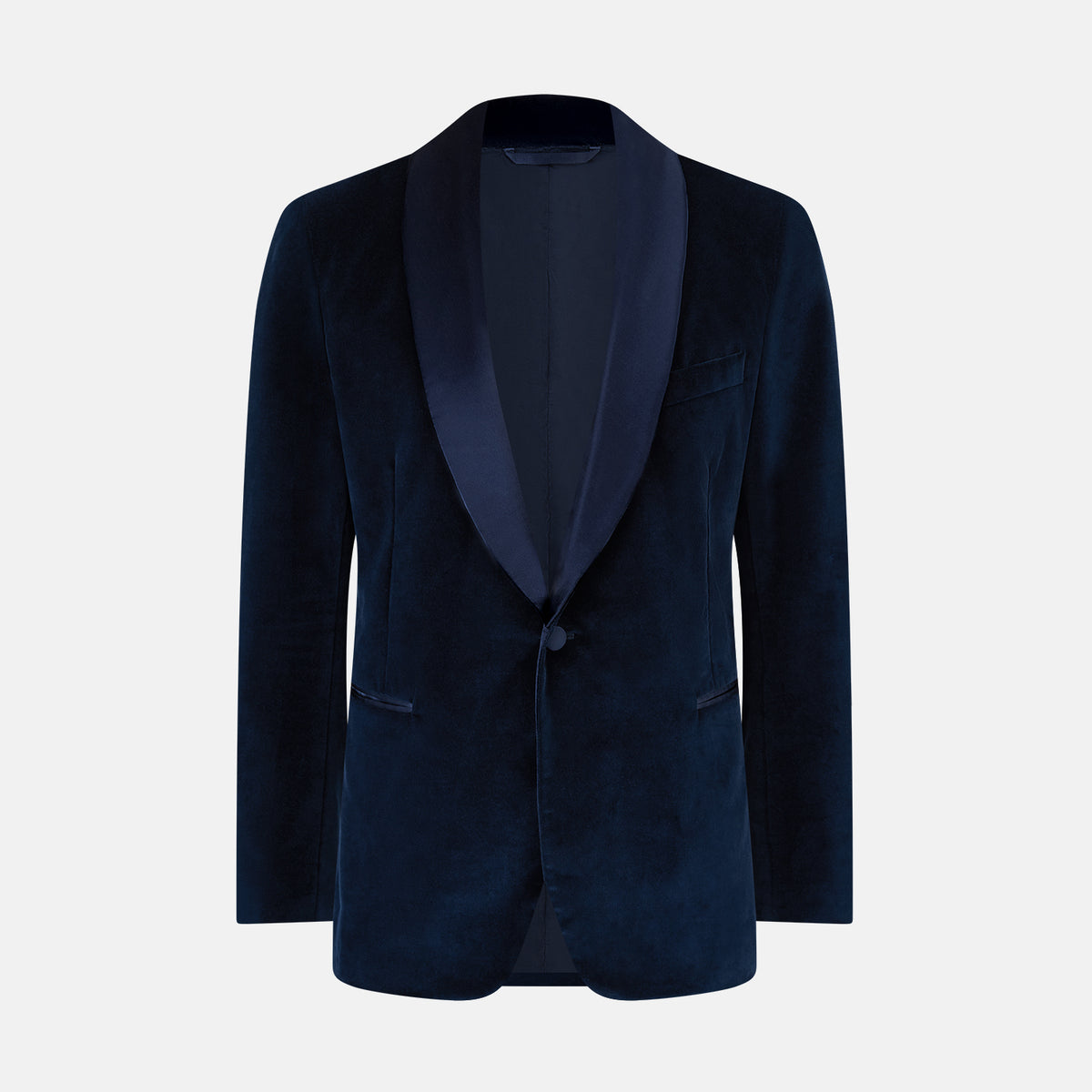 View 1 of product Turnbull & Asser UK’s Casino Royale Midnight Blue Tuxedo Jacket in Cotton Velvet, featuring a single button closure and a luxurious silk-satin shawl lapel, is showcased against a plain white background.