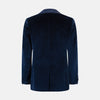 View 3 of product Turnbull & Asser UK’s Casino Royale Midnight Blue Tuxedo Jacket in Cotton Velvet, featuring a single button closure and a luxurious silk-satin shawl lapel, is showcased against a plain white background.