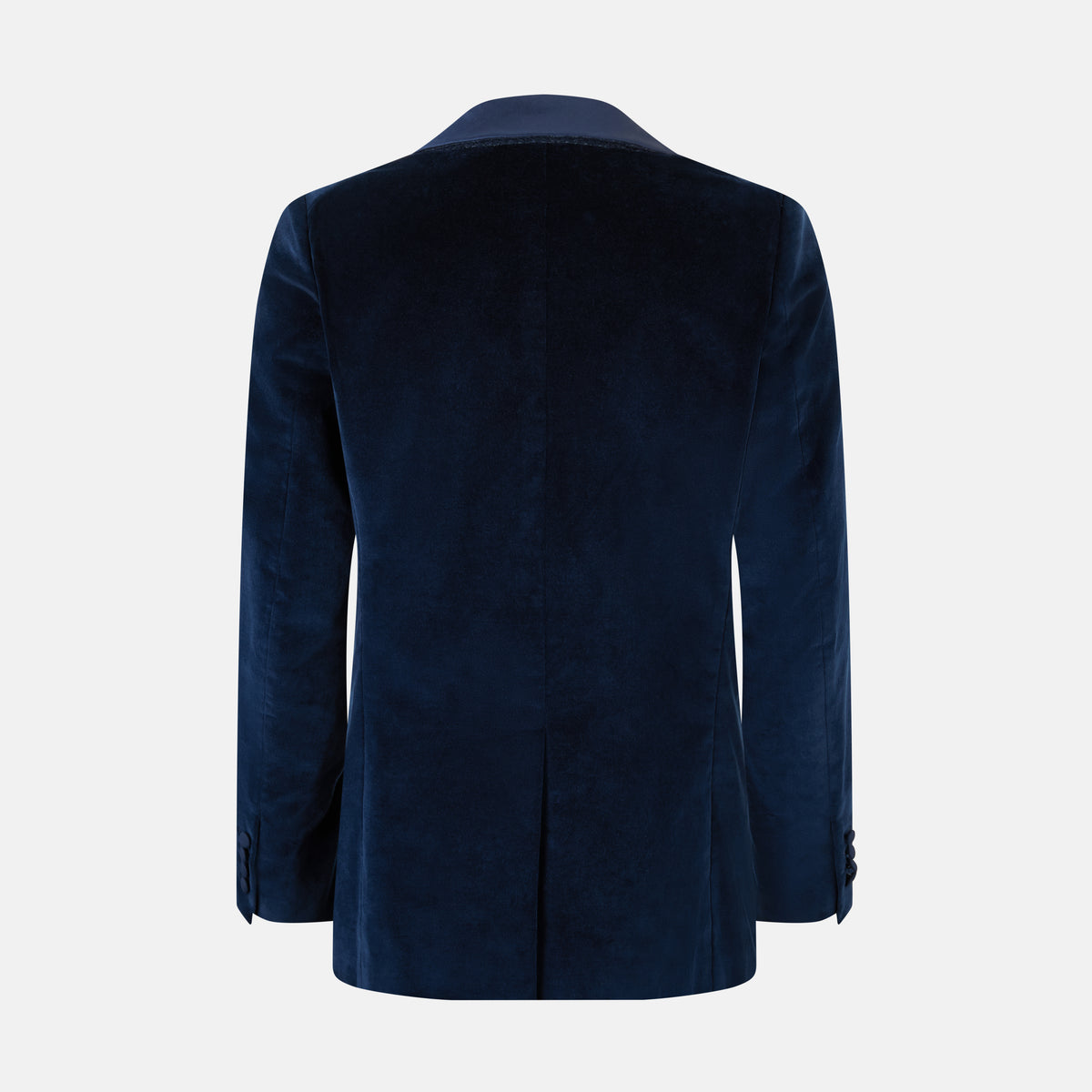 View 3 of product Turnbull & Asser UK’s Casino Royale Midnight Blue Tuxedo Jacket in Cotton Velvet, featuring a single button closure and a luxurious silk-satin shawl lapel, is showcased against a plain white background.