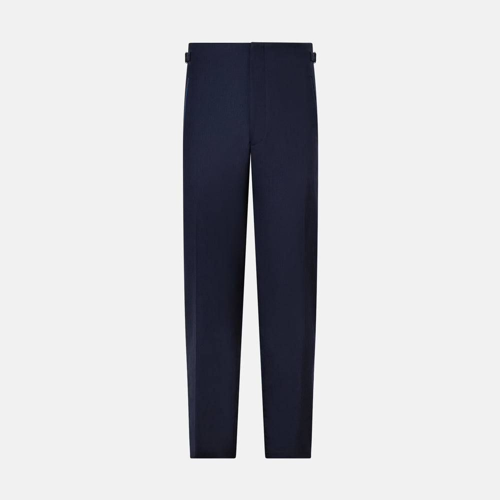 Casino Royale Midnight Blue Tuxedo Trousers in Wool, midnight navy virgin wool dress trousers featuring side adjusters at the waistband.