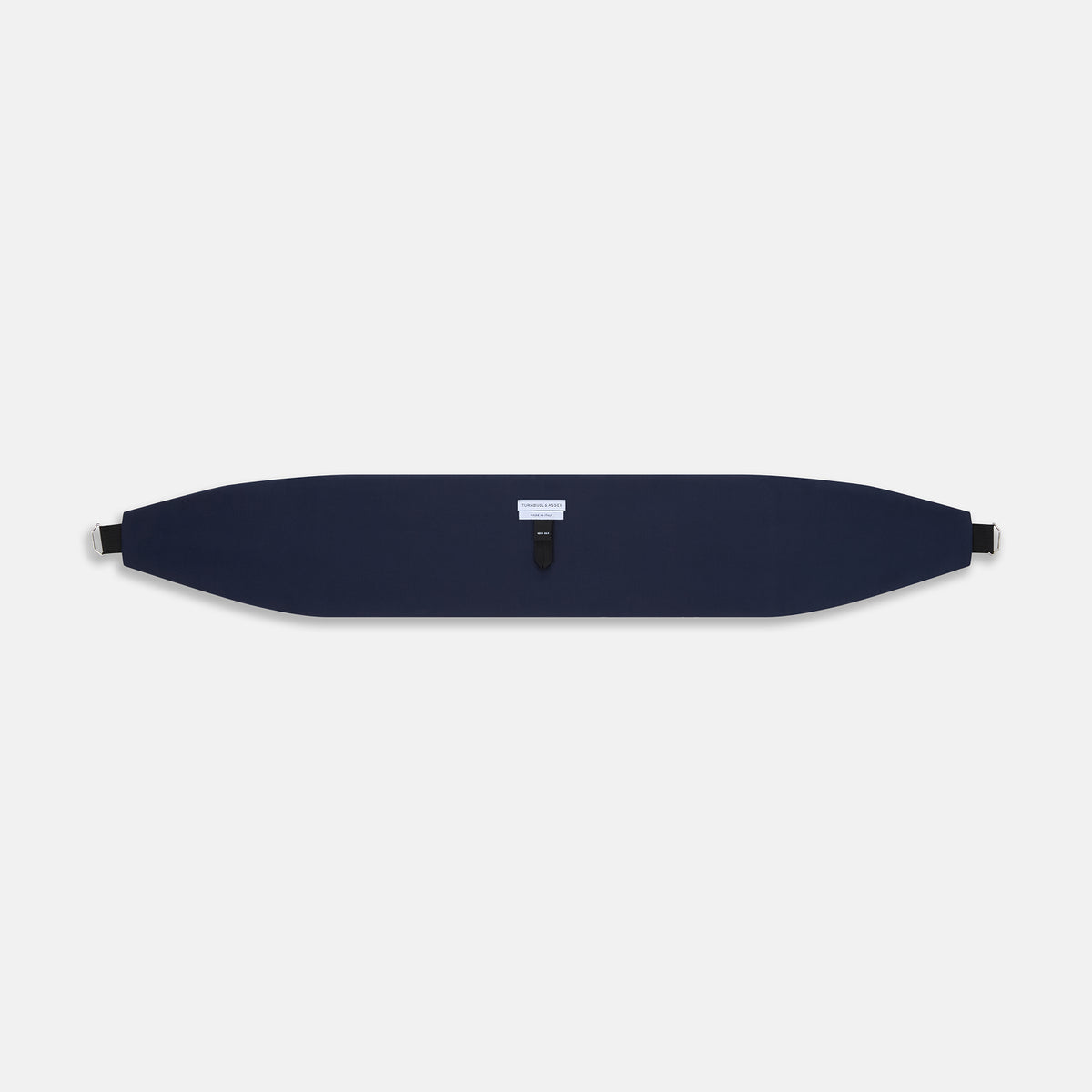 View 3 of product The Turnbull & Asser UK Casino Royale Midnight Blue Cummerbund in silk, featuring elegant horizontal pleats and showcased flat on a white background, is a sophisticated accessory crafted to enhance any formal evening attire.