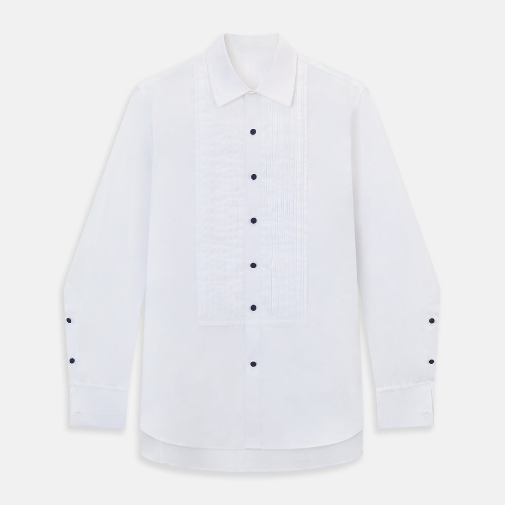 The Casino Royale White Dress Shirt in Cotton by Turnbull & Asser UK is a long-sleeve white dress shirt, crafted from crisp white cotton poplin with a pleated bib front, black buttons, and a classic collar, shown laid flat on a white background.
