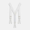 View 1 of product A pair of Casino Royale White Braces by Turnbull & Asser, as seen on James Bond, featuring elegant white moiré fabric with elastic suspender straps, metal adjusters, and leather ends—displayed on a plain white background.