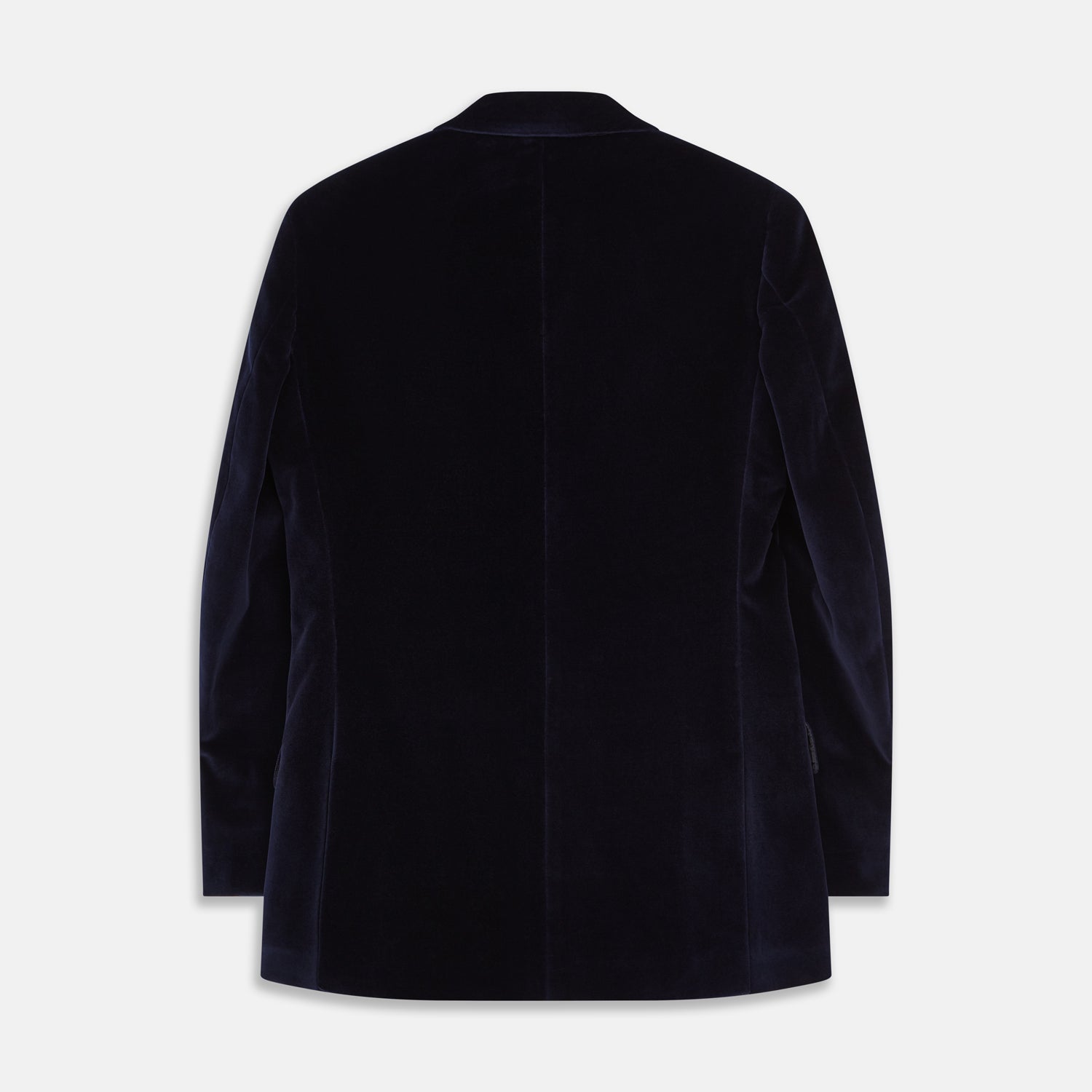 View 4 of product The Turnbull & Asser Navy Velvet Jacket features a classic fit, single-breasted style, notched lapels, two flap pockets, chest pocket, and single button closure. Made in Italy; shown on a plain white background.