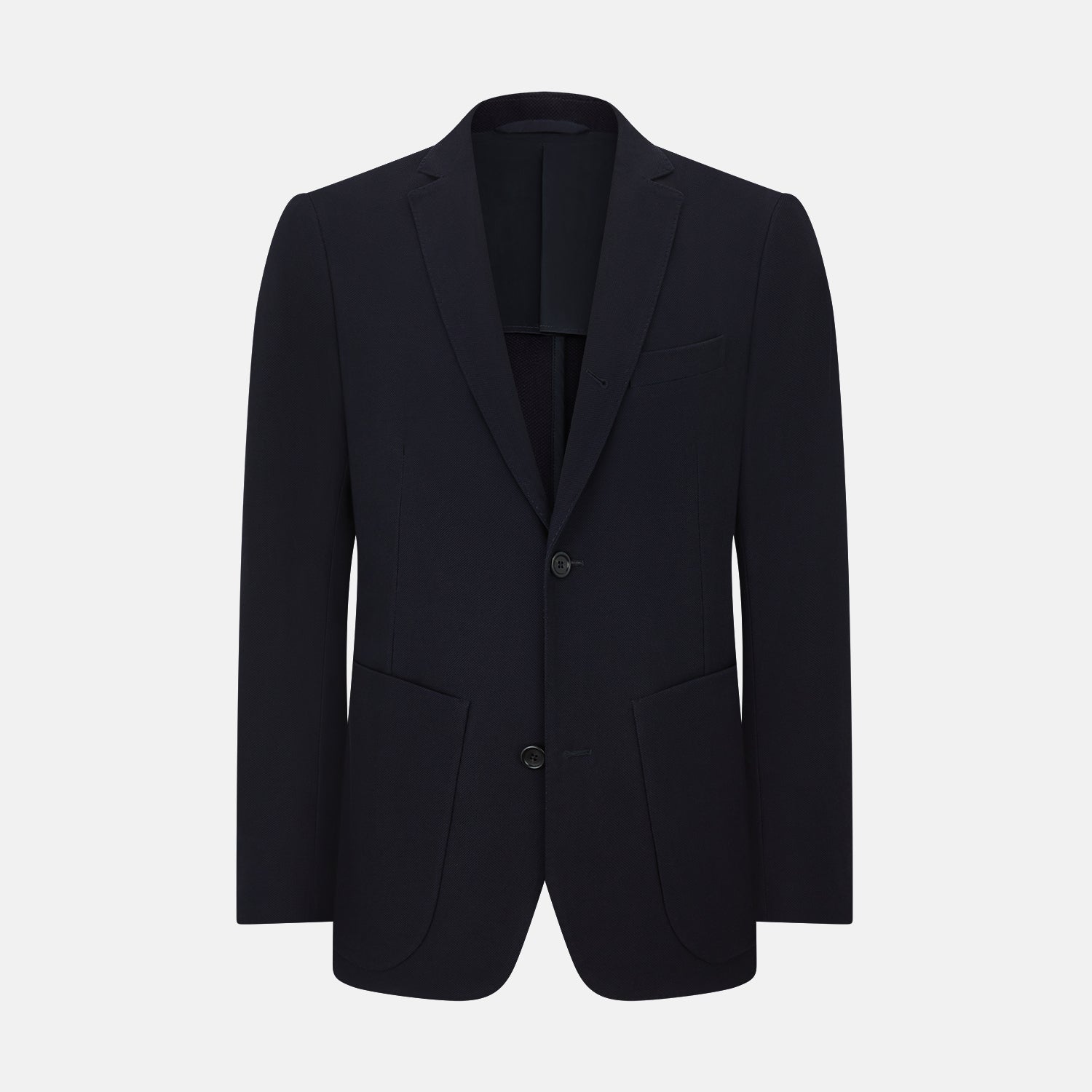View 1 of product The Navy Knitted London Blazer by Turnbull & Asser features notch lapels, two buttons, and three front pockets—ideal for spring or summer contemporary looks. Displayed on a plain white background.