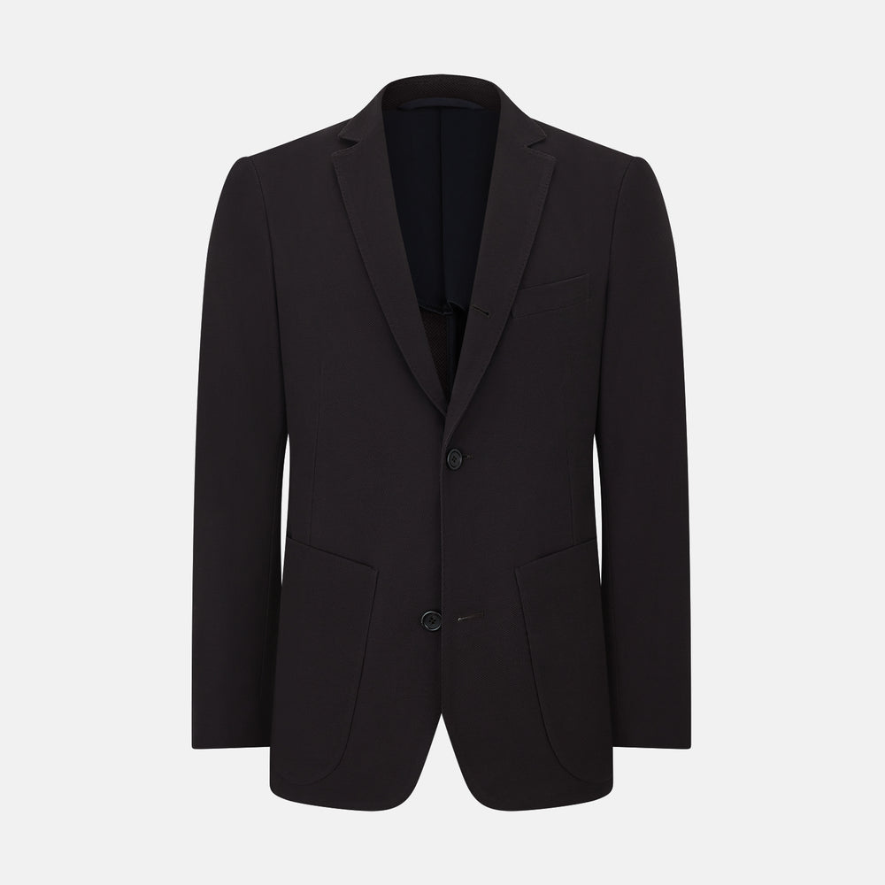 The Turnbull & Asser Dark Chocolate Knitted London Blazer features a notched lapel, two buttons, and two front pockets for versatile everyday wear. Shown against a plain white background.