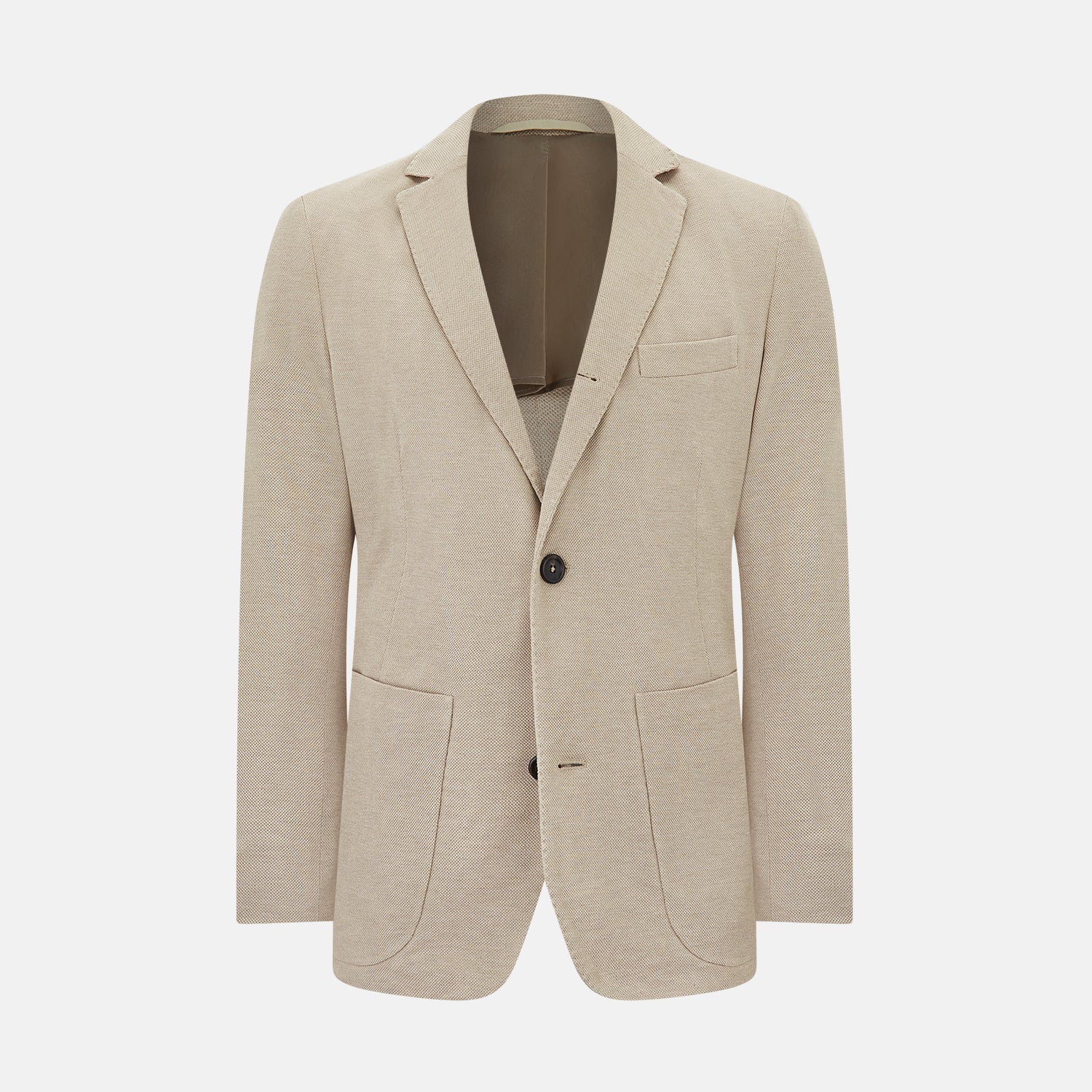 View 1 of product The Turnbull & Asser UK Sand Silk & Cotton Bath Blazer showcases Italian craftsmanship with notched lapels, two front buttons, large patch pockets, and a chest pocket, all set against a plain white background.