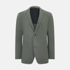 View 1 of product The Turnbull & Asser UK Sage Silk & Cotton Bath Blazer is a single-breasted Italian-tailored piece in olive green, featuring notch lapels, two front patch pockets, a chest pocket, and two buttons, shown on a plain white background.