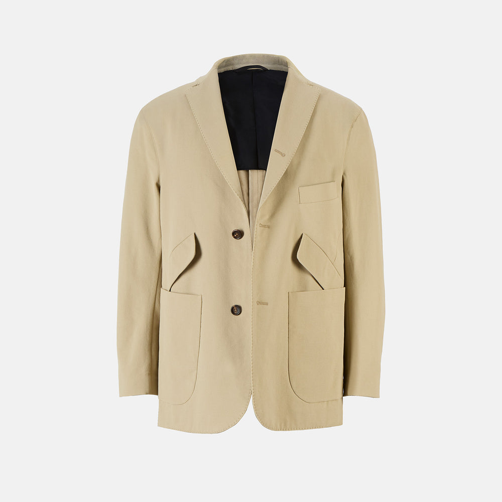 Riviera Sand Oversized Blazer in Cotton by Turnbull & Asser UK, featuring two spacious front pockets, a single chest pocket, and a classic notched lapel. Expertly tailored from premium cotton-nylon stretch fabric, this blazer is shown front-facing against a clean white background—an essential piece for achieving effortless sophistication.