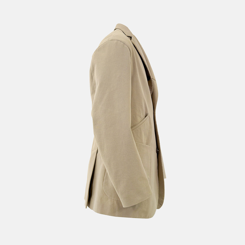 Riviera Sand Oversized Blazer in Cotton by Turnbull & Asser UK, featuring two spacious front pockets, a single chest pocket, and a classic notched lapel. Expertly tailored from premium cotton-nylon stretch fabric, this blazer is shown front-facing against a clean white background—an essential piece for achieving effortless sophistication.