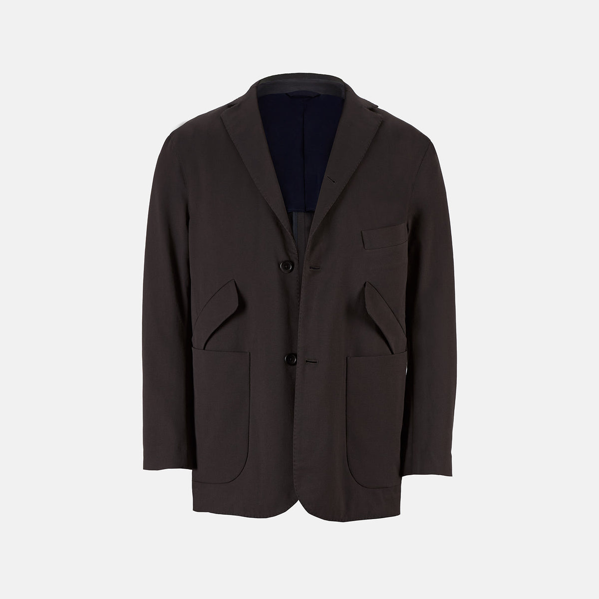 View 1 of product Introducing the Riviera Chocolate Oversized Blazer in Cotton by Turnbull & Asser UK—a dark brown blazer featuring two front buttons, three patch pockets, and notch lapels. Crafted from a cotton-nylon stretch fabric and showcased against a plain white background, this piece is a timeless addition to your autumn wardrobe.