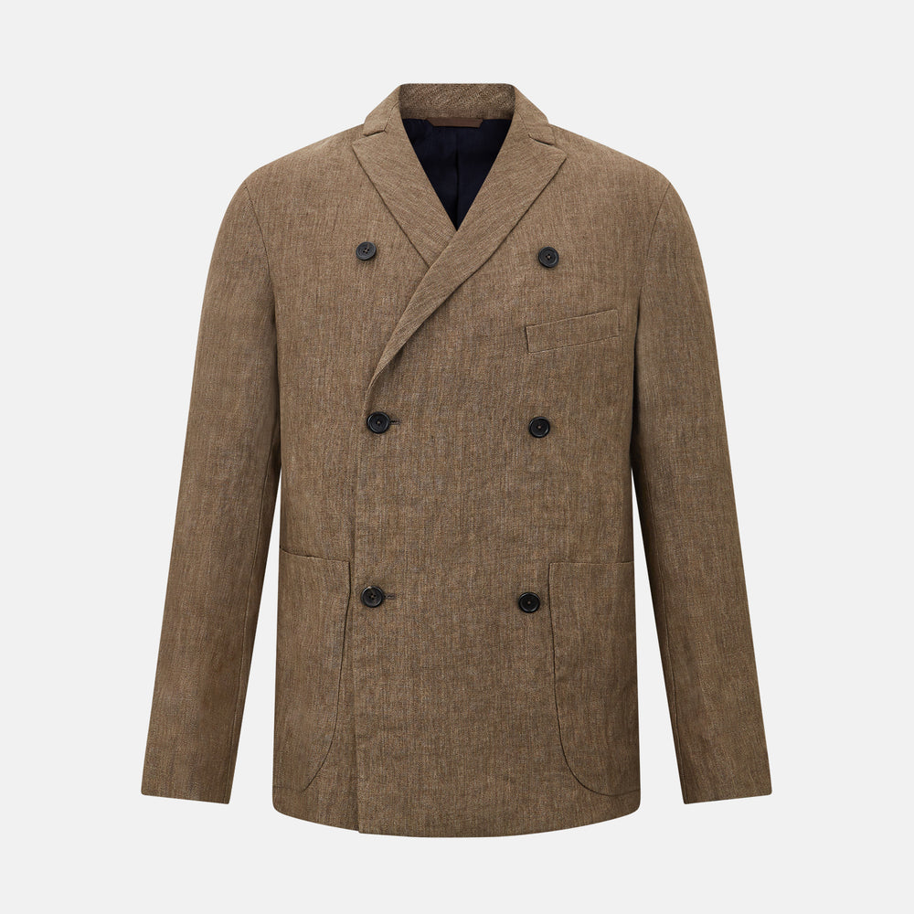 The Henley Pinecone Blazer in Linen by Turnbull & Asser UK features a brown double-breasted design with six black buttons, notch lapels, and three front pockets—ideal for effortless British summer dressing—shown against a plain white background.