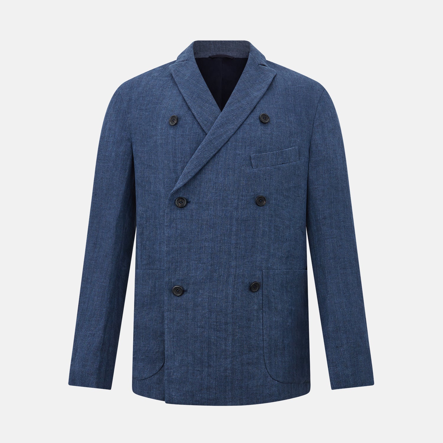 View 1 of product The Henley Denim Blazer in Linen by Turnbull & Asser UK features a double-breasted design with six black buttons, notch lapels, two front pockets, and a chest pocket—a timeless staple for effortless British summer dressing—displayed on a plain white background.