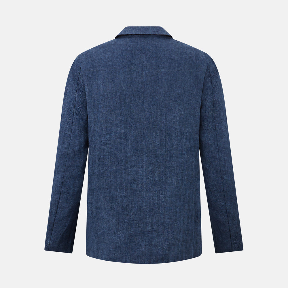 The Henley Denim Blazer in Linen by Turnbull & Asser UK features a double-breasted design with six black buttons, notch lapels, two front pockets, and a chest pocket—a timeless staple for effortless British summer dressing—displayed on a plain white background.