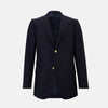View 1 of product Turnbull & Asser UK Navy Single Breasted Classic Blazer in Wool Gabardine, a navy gabardine single-breasted blazer with two gold-tone buttons and a chest pocket, showcasing classic tailoring.
