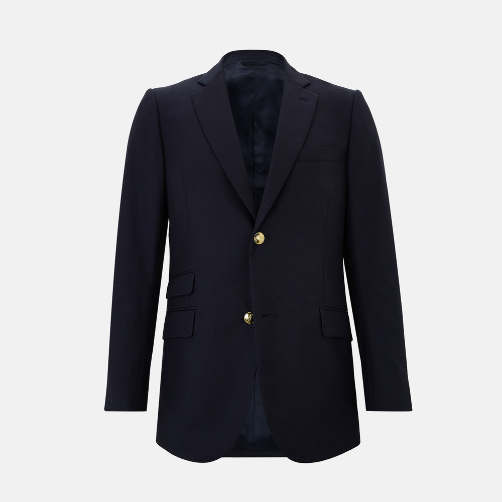 Turnbull & Asser UK Navy Single Breasted Classic Blazer in Wool Gabardine, a navy gabardine single-breasted blazer with two gold-tone buttons and a chest pocket, showcasing classic tailoring.