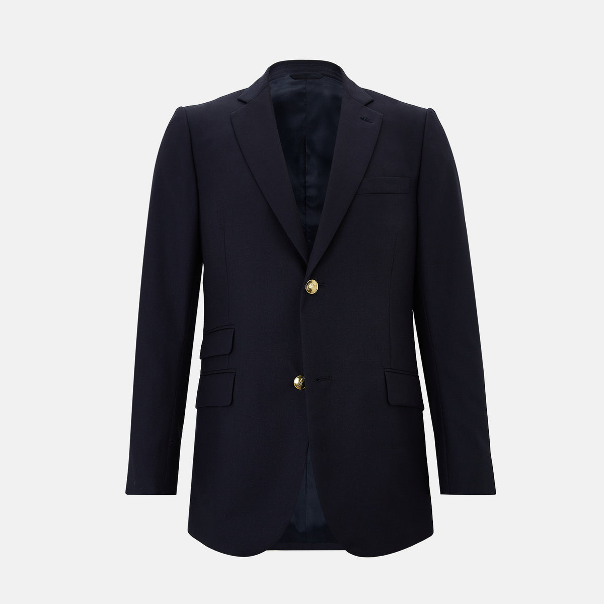 View 1 of product Turnbull & Asser UK Navy Single Breasted Classic Blazer in Wool Gabardine, a navy gabardine single-breasted blazer with two gold-tone buttons and a chest pocket, showcasing classic tailoring.