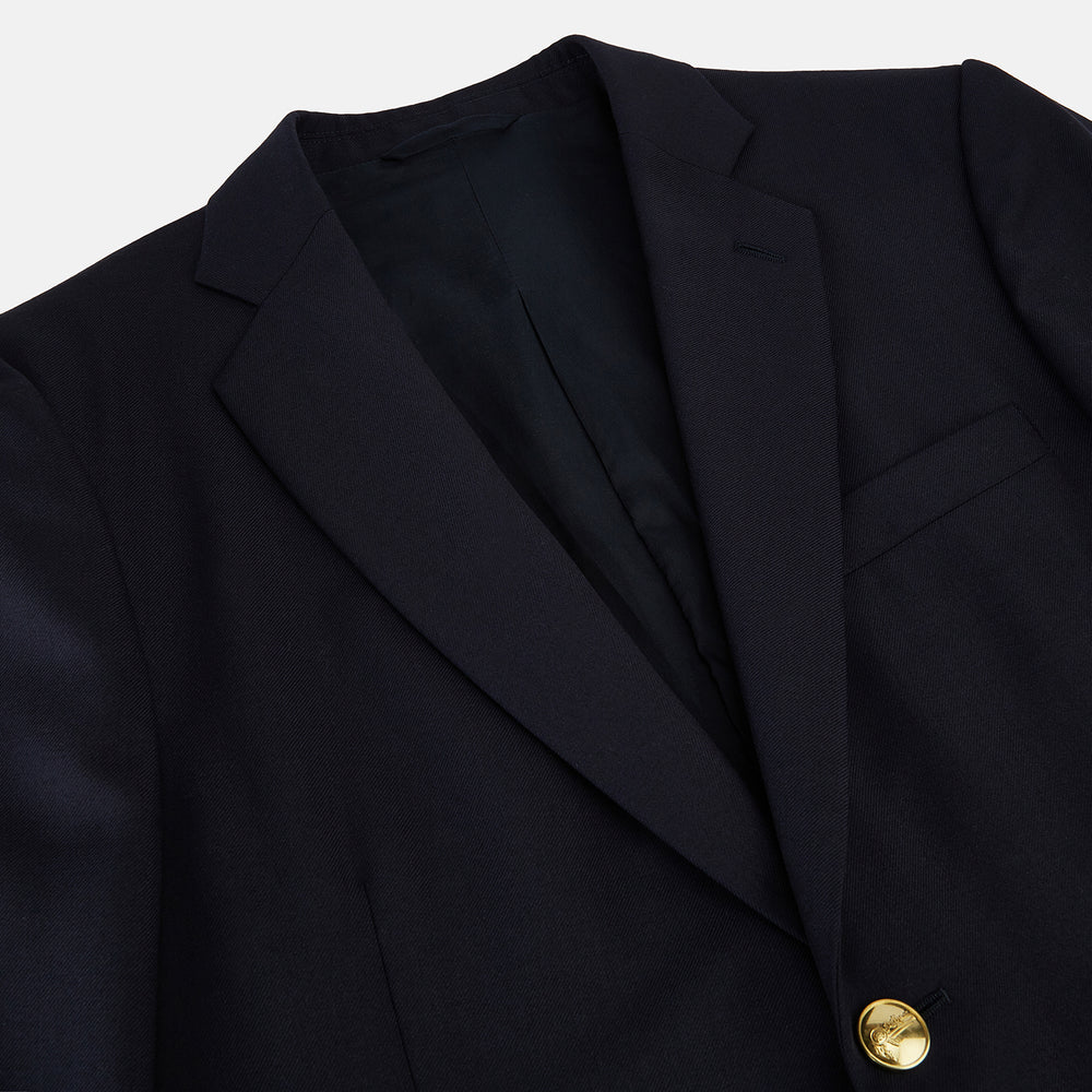 Turnbull & Asser UK Navy Single Breasted Classic Blazer in Wool Gabardine, a navy gabardine single-breasted blazer with two gold-tone buttons and a chest pocket, showcasing classic tailoring.