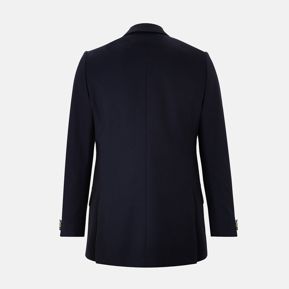 Turnbull & Asser UK Navy Single Breasted Classic Blazer in Wool Gabardine, a navy gabardine single-breasted blazer with two gold-tone buttons and a chest pocket, showcasing classic tailoring.