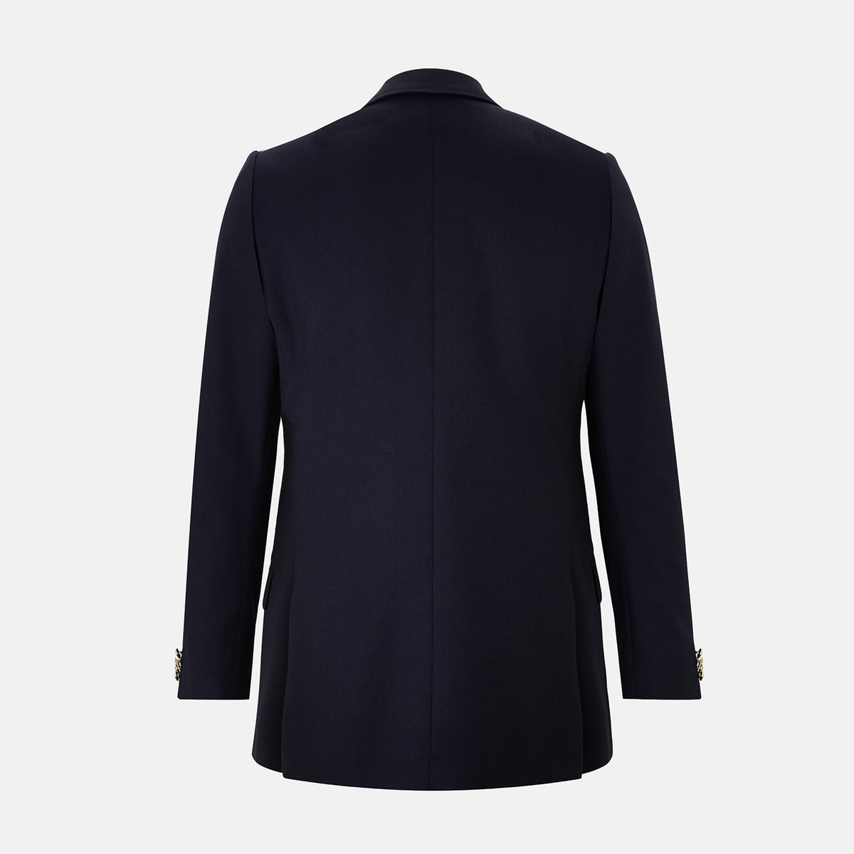 View 3 of product Turnbull & Asser UK Navy Single Breasted Classic Blazer in Wool Gabardine, a navy gabardine single-breasted blazer with two gold-tone buttons and a chest pocket, showcasing classic tailoring.