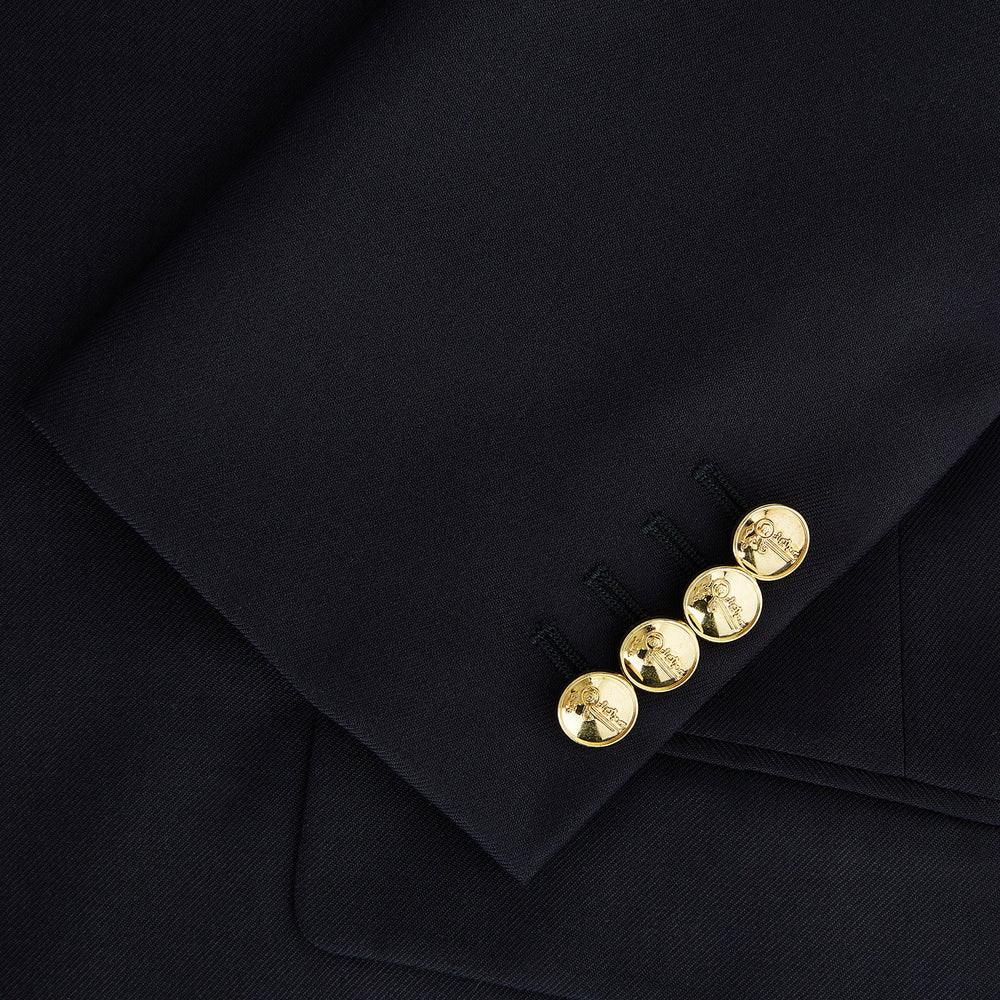 Turnbull & Asser UK Navy Single Breasted Classic Blazer in Wool Gabardine, a navy gabardine single-breasted blazer with two gold-tone buttons and a chest pocket, showcasing classic tailoring.