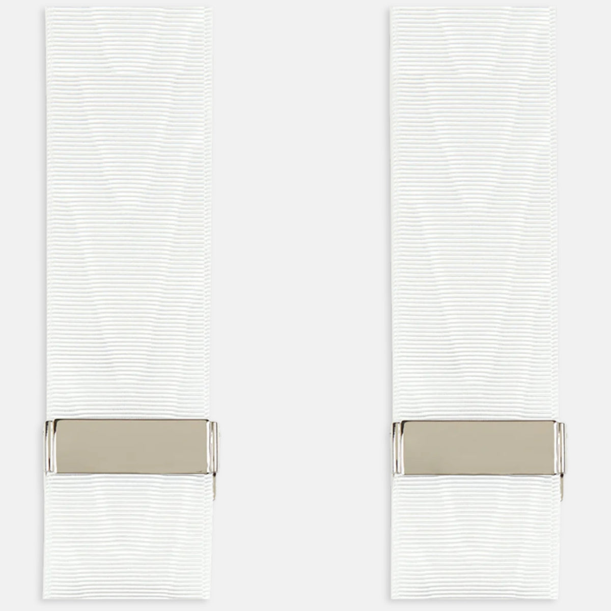 View 3 of product A pair of Casino Royale White Braces by Turnbull & Asser, as seen on James Bond, featuring elegant white moiré fabric with elastic suspender straps, metal adjusters, and leather ends—displayed on a plain white background.
