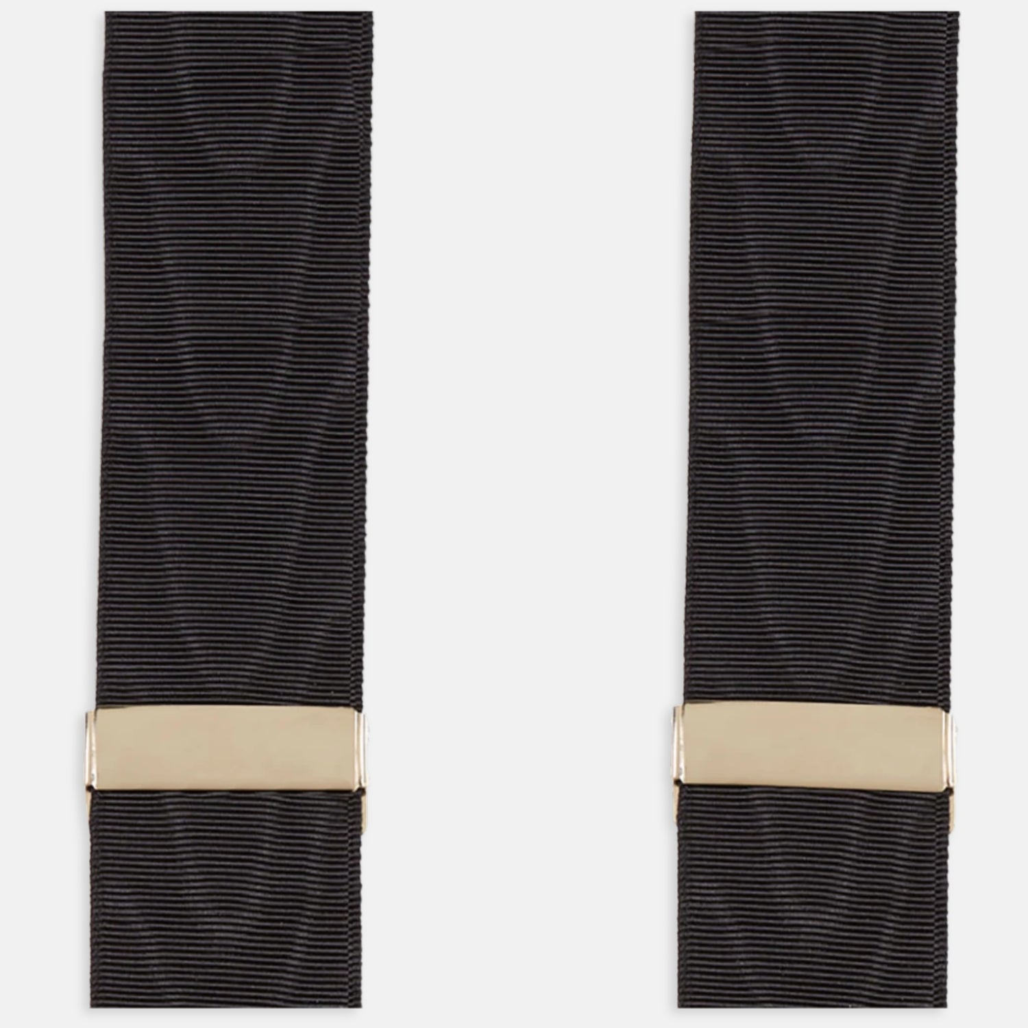 View 3 of product A pair of Turnbull & Asser Casino Royale Black Braces As Seen On Le Chiffre, featuring black moiré fabric, leather loops, and gold-tone adjusters, handmade in England and showcased against a white background.