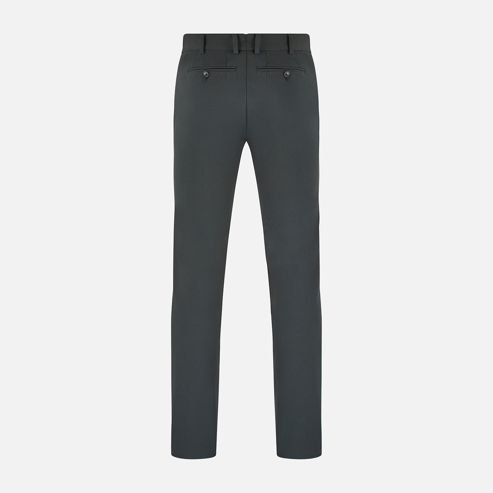 A pair of slim-fit Dark Green James trousers by Turnbull & Asser in Italian cotton, featuring belt loops, side pockets, and a flat front, shown against a plain white background.