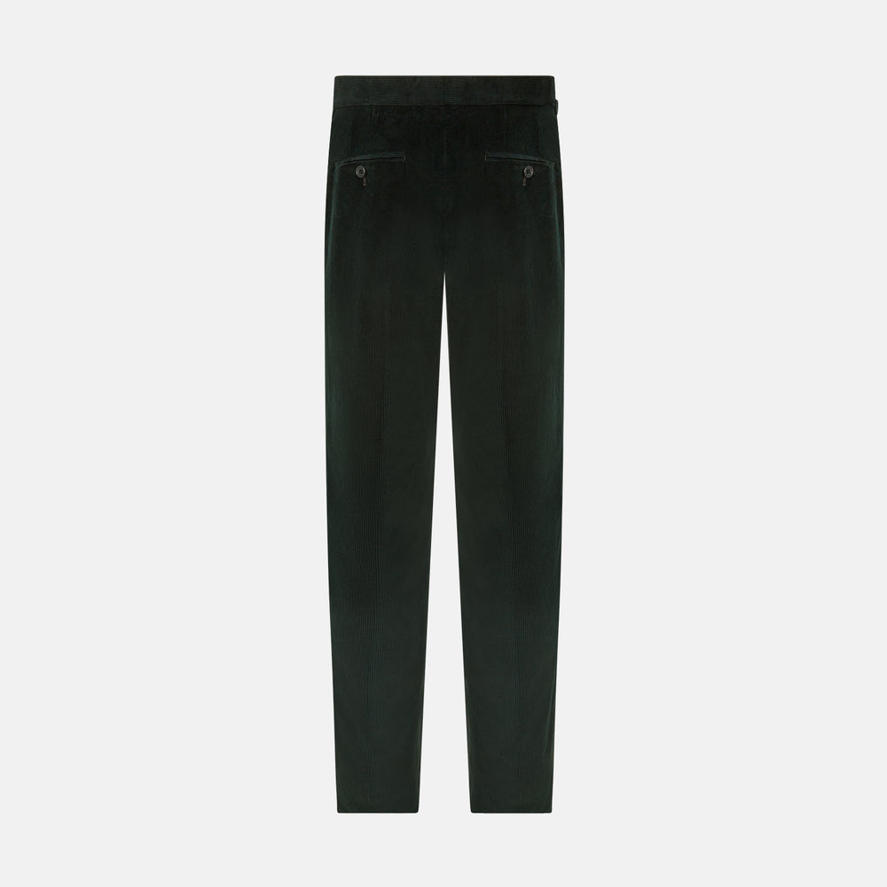 The Dark Green Corduroy Henry Trousers by Turnbull & Asser feature a straight-leg cut, front fly, waistband with belt loops, and button closure—perfect for sophisticated formal looks.