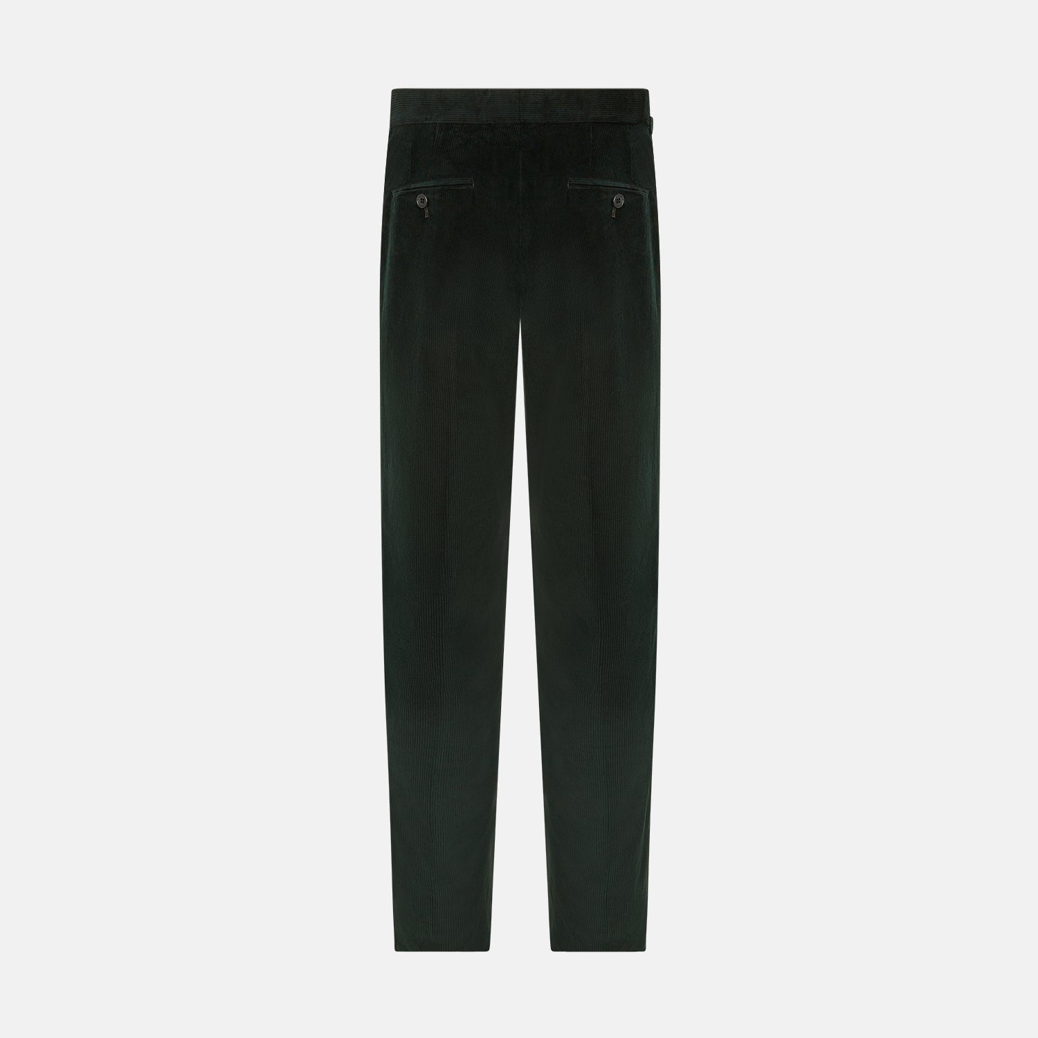 View 2 of product The Dark Green Corduroy Henry Trousers by Turnbull & Asser feature a straight-leg cut, front fly, waistband with belt loops, and button closure—perfect for sophisticated formal looks.