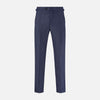 View 1 of product The Navy Check Henry Trousers by Turnbull & Asser are tailored-fit, dark blue pants with a subtle check pattern, front pockets, button closure, and belt loops, crafted from premium Italian wool and displayed on a plain white background.