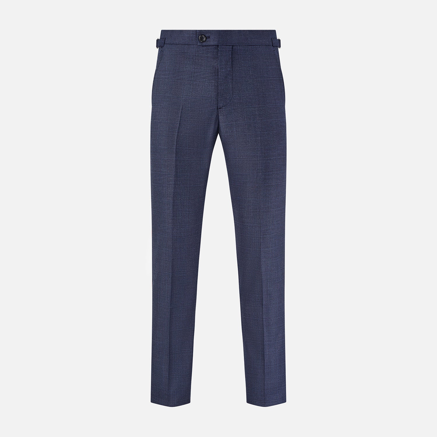 View 1 of product The Navy Check Henry Trousers by Turnbull & Asser are tailored-fit, dark blue pants with a subtle check pattern, front pockets, button closure, and belt loops, crafted from premium Italian wool and displayed on a plain white background.