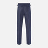 View 3 of product The Navy Check Henry Trousers by Turnbull & Asser are tailored-fit, dark blue pants with a subtle check pattern, front pockets, button closure, and belt loops, crafted from premium Italian wool and displayed on a plain white background.