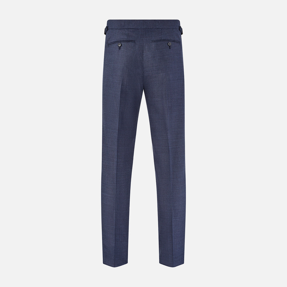The Navy Check Henry Trousers by Turnbull & Asser are tailored-fit, dark blue pants with a subtle check pattern, front pockets, button closure, and belt loops, crafted from premium Italian wool and displayed on a plain white background.