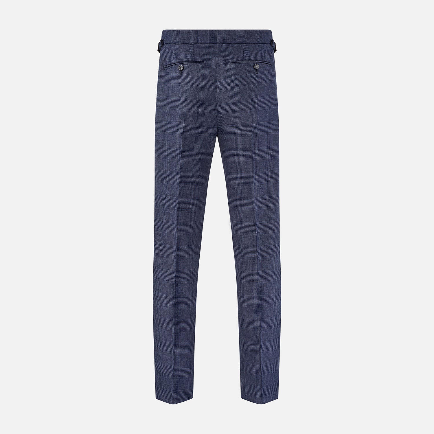 View 3 of product The Navy Check Henry Trousers by Turnbull & Asser are tailored-fit, dark blue pants with a subtle check pattern, front pockets, button closure, and belt loops, crafted from premium Italian wool and displayed on a plain white background.