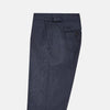 View 4 of product The Navy Check Henry Trousers by Turnbull & Asser are tailored-fit, dark blue pants with a subtle check pattern, front pockets, button closure, and belt loops, crafted from premium Italian wool and displayed on a plain white background.