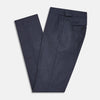 View 5 of product The Navy Check Henry Trousers by Turnbull & Asser are tailored-fit, dark blue pants with a subtle check pattern, front pockets, button closure, and belt loops, crafted from premium Italian wool and displayed on a plain white background.
