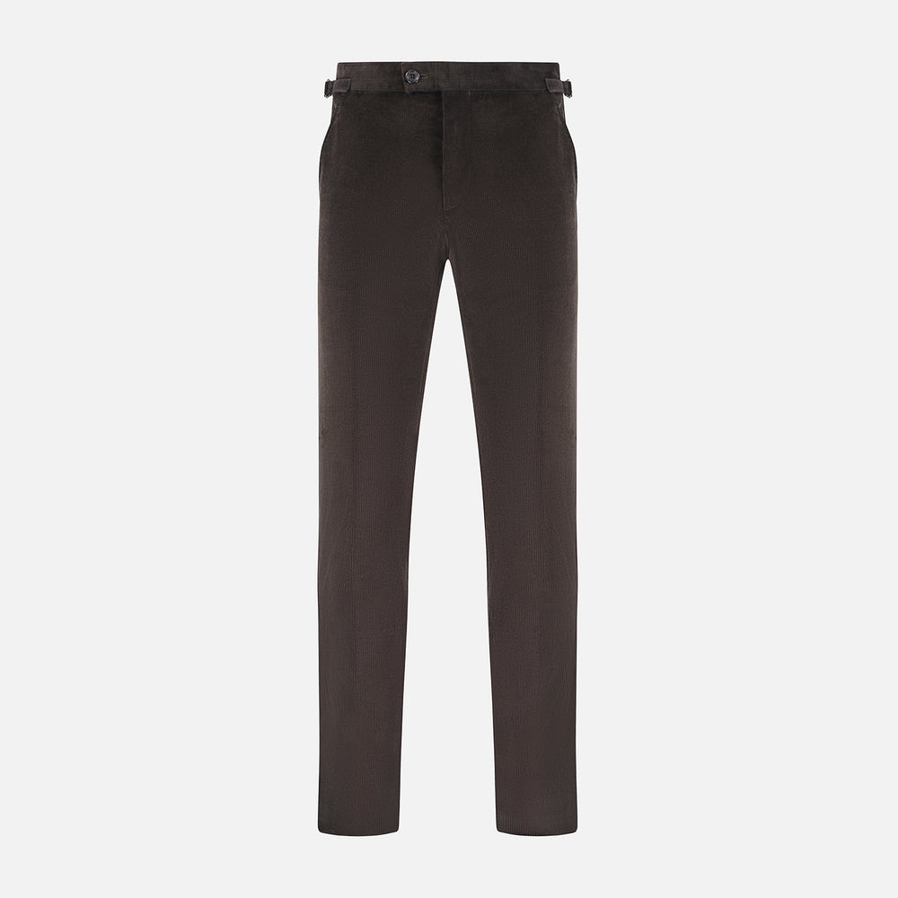 The Brown Corduroy Henry Trousers by Turnbull & Asser feature a slim, tailored fit with side adjusters and button closure, shown on a plain white background.