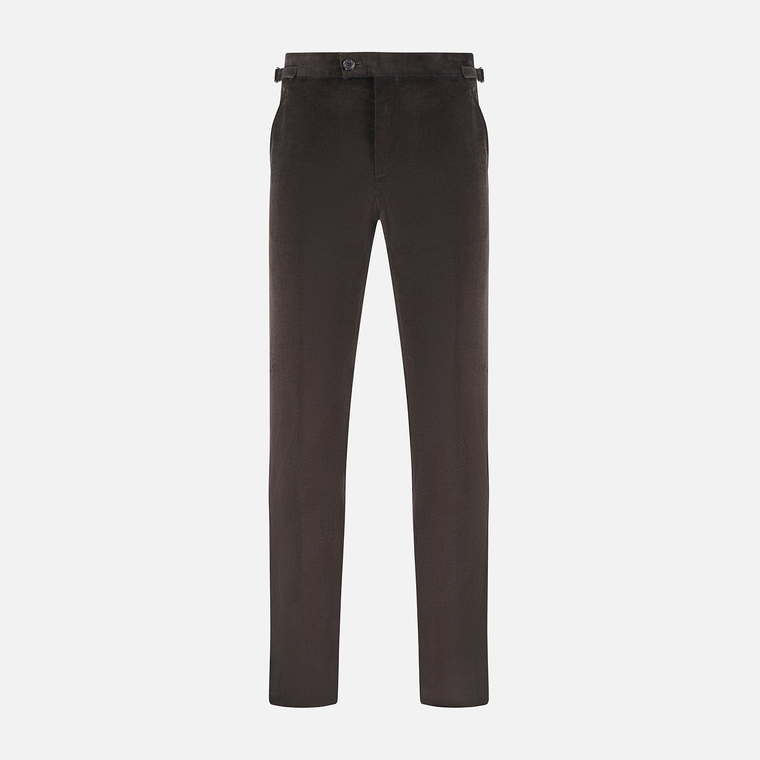 View 1 of product The Brown Corduroy Henry Trousers by Turnbull & Asser feature a slim, tailored fit with side adjusters and button closure, shown on a plain white background.