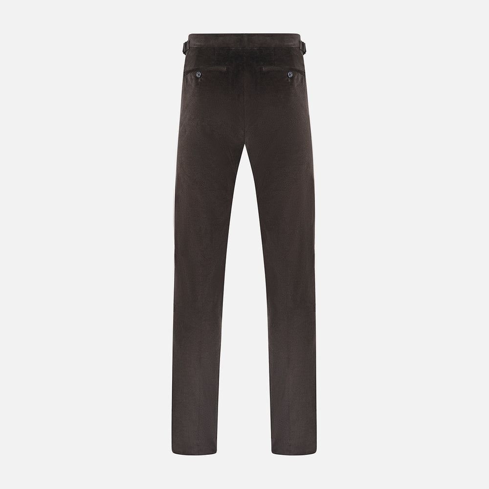 The Brown Corduroy Henry Trousers by Turnbull & Asser feature a slim, tailored fit with side adjusters and button closure, shown on a plain white background.