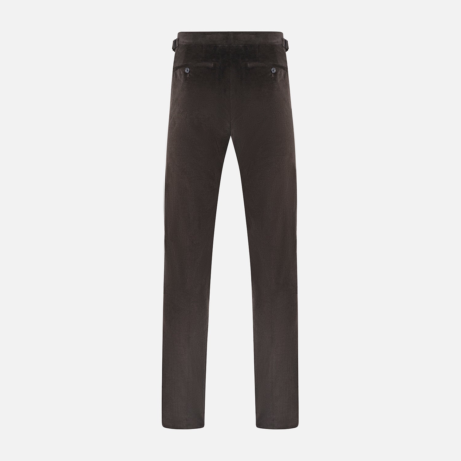 View 3 of product The Brown Corduroy Henry Trousers by Turnbull & Asser feature a slim, tailored fit with side adjusters and button closure, shown on a plain white background.